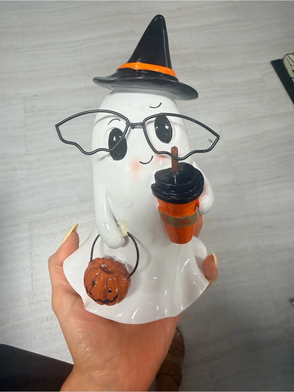 Cute Nerd Ghost Figurine Pumpkin Latte Glasses Halloween Summerween Decor